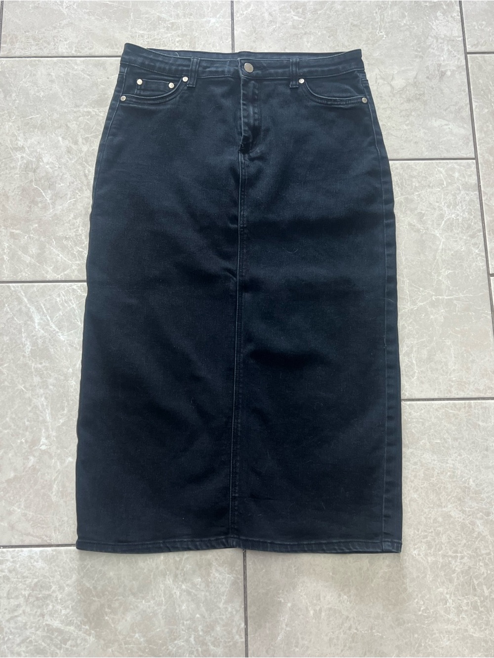 Black High-Rise Denim Midi Pencil Skirt - Women